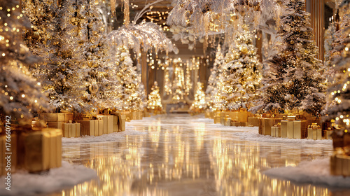Elegant Christmas trees, decorated with warm golden lights, glowing bokeh background, luxurious golden wrapped presents
