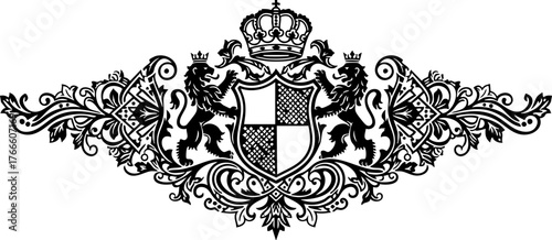 Majestic royal crest with lions and crown, elegant heraldic emblem design for prestige and authority, classic ornate detail