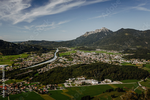 panoramic view of Reutte and Lechaschau with the Lech river in Tyrol, Austria, seen from Schlosskopf in summer