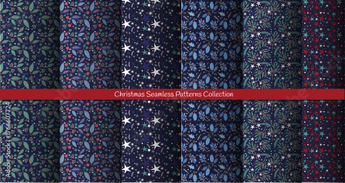Winter Seamless Vector Collection of Floral Patterns with Green Branches, Leaves and Stars on a dark Blue Background.