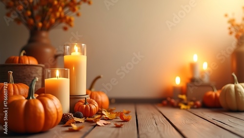 Cozy autumn still life with pumpkins, glowing candles, and fall leaves on a rustic table