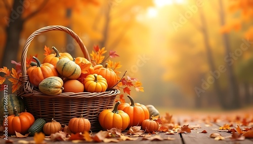 Autumn Harvest Basket Pumpkins and Foliage in a Warm Landscape