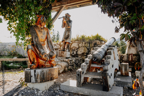 Historic wooden and metal cannon at the ancient Schlosskopf fortress ruins in Tyrol, Austria