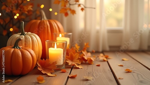 Festive Fall Harvest Display with Vibrant Pumpkins, Illuminated Candles, and Scattered Autumn Leaves on Rustic Wood