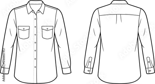 Long-sleeve button-up shirt technical sketch, front and back view, double chest pockets, collar detail, fashion template, vector garment drawing