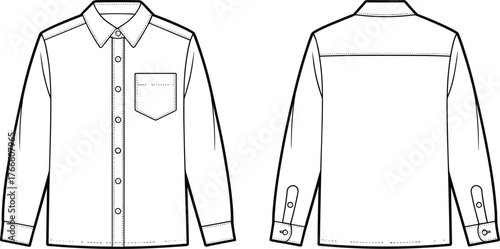 Long-sleeve shirt technical sketch, front and back view, button-up design, fashion template, garment construction outline, vector apparel drawing, clothing pattern