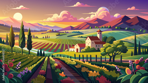 Very beautiful, Napa Valley wine country vineyards in spring and colorful sunset, lush green vines, rolling hills, golden light, serene atmosphere, and breathtaking landscape filled with seasonal beau