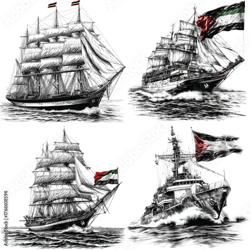Sailing illustration of ships sketch, line art designn with Palestine flag isolated on white background