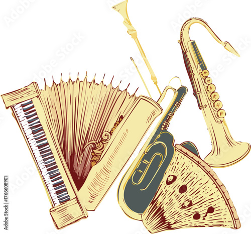 Assortment of musical instruments including accordion saxophone and tuba Keywords: accordion, saxophone, tuba, flute, musical instruments, music