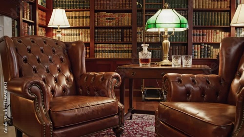 Cozy Reading Nook with Elegant Armchairs and Bookshelves in Home Library