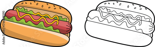 Hot dog illustration, fast food drawing, sandwich artwork, culinary snack, ketchup mustard, sesame bun, coloring page, lifestyle food, vector, design