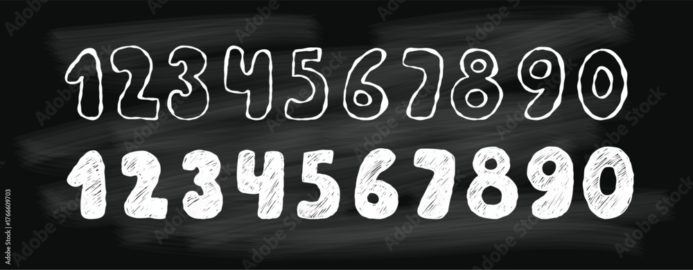 Chalk Board with White Numbers. Crayon Textured and Outline Handwritten Signs. Isolated hand drawn doodles for design. Vector illustration. Not AI