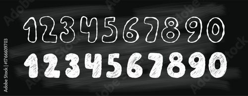 Chalk Board with White Numbers. Crayon Textured and Outline Handwritten Signs. Isolated hand drawn doodles for design. Vector illustration. Not AI