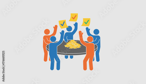 Group of abstract people collaborating during a business meeting, raising hands to vote and expressing consensus on ideas, with a transparent background