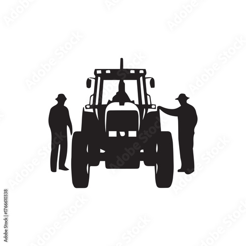Silhouette of a tractor with two farmers, one standing beside the tractor and the other standing further away.