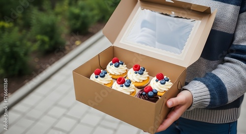 Person holding a box of delicious cupcakes with berries and cream frosting
