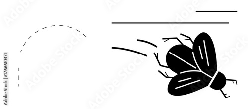 Flying bug with curved trail and dynamic speed lines suggesting motion, focus, and quickness. Ideal for speed, agility, nature, insects, energy, movement and simple flat metaphor