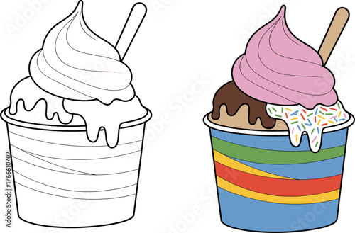 Ice cream cup illustration, soft serve dessert drawing, sweet food artwork, summer treat, coloring page, vector design, lifestyle, culinary, snack