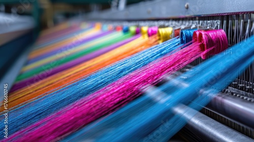 Vibrant Threads in Motion: A Colorful Display of Textile Weaving Process Showcasing Bright Yarns on Industrial Loom with Beautiful Patterns