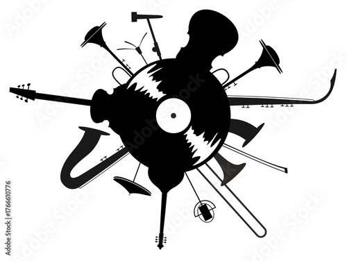Long play record combines with musical instruments. Black and white illustration