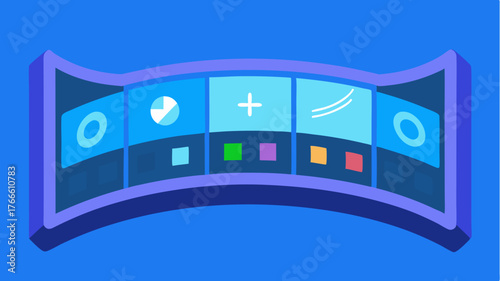 An expansive curved touchscreen with customizable widgets for media climate control and battery status illuminated in soft blue tones.