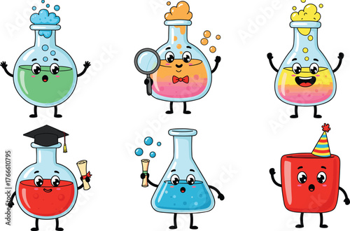 Cartoon laboratory flasks, funny science beakers, chemistry glassware characters, educational experiment illustration, anthropomorphic bottles, colorful liquids, 