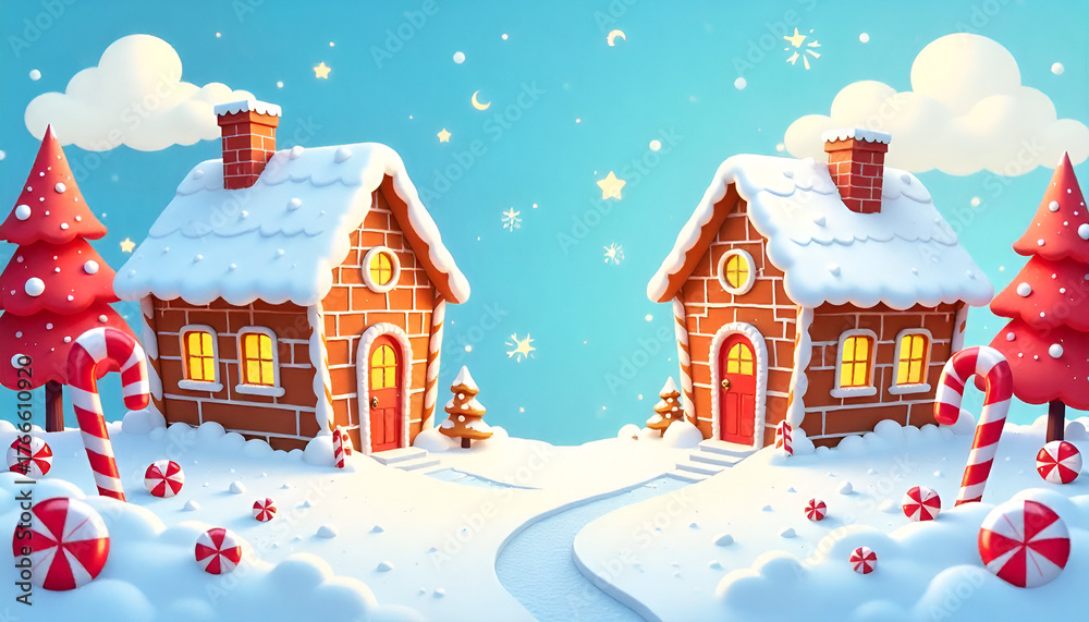 Naklejka premium Gingerbread man cookie standing beside house with different colored candy and gumdrops, a chrismas snow scene. AI generated illustration