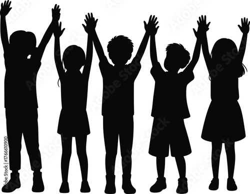 Children silhouettes raising arms, happy kids group unity, joyful childhood celebration, diverse boys and girls together, teamwork concept, friendship illustration
