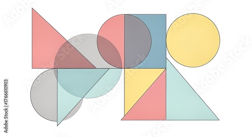 Abstract geometric composition with overlapping shapes and pastel colors on a white background