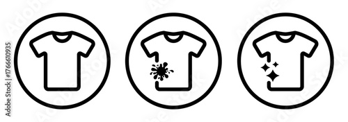 T shirt icons representing clean and dirty clothes in outline and filled styles. Vector illustration of laundry and washing symbols for cleanliness, hygiene and fabric care concepts.