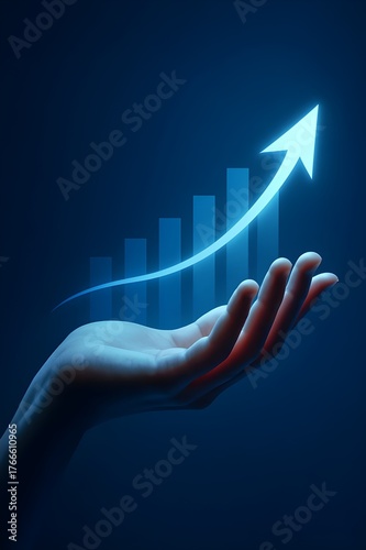 Hand holding a glowing upward arrow and bar graph representing growth
