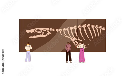 Visitors of paleontology museum look at remains of extinct dinosaur. People are on exposition with ancient fossils, skeleton of dino, exhibit of display. Flat isolated vector illustration on white