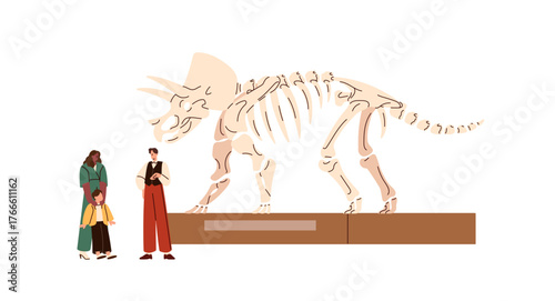People are on excursion with guide in paleontology museum. Visitors of exposition are near exhibit, skeleton of extinct dinosaur, ancient remains, fossils. Flat isolated vector illustration on white