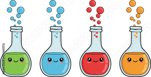 Cartoon laboratory flasks with smiling faces, colorful science beakers with bubbles, cute chemistry glassware illustration, playful educational design for kids, whimsical scientific experiment artwork