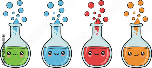 Cute cartoon chemistry flasks, smiling laboratory glassware, colorful science experiment, educational illustration, playful chemical reaction, happy beakers, bubbling liquids, kids learning science,