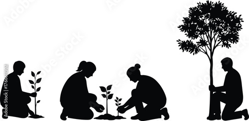 Silhouette people planting tree, nurturing sapling, growing young tree, environmental care, ecology conservation, sustainability concept, human support nature, forest growth