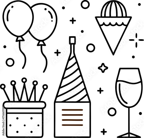 Party hat, balloon, and champagne bottle icons set line are vector black , white background 