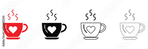Coffee cup with steam vector icon set, hot coffee cup steam rising vector, silhouette and line art