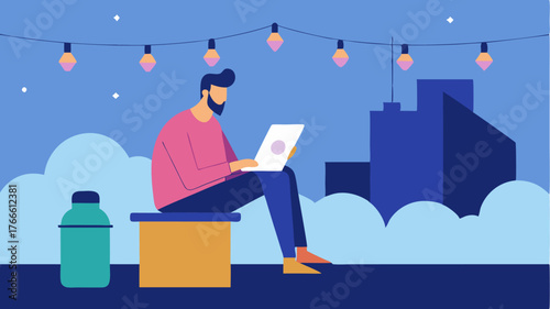 An artist working on a digital tablet while seated on a rooftop patio adorned with string lights enjoying the view of the horizon.