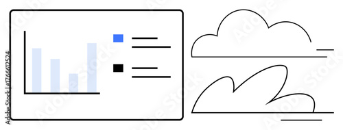 Data chart with bar graph, legend, and cloud shapes. Ideal for data analysis, technology, cloud computing, business strategy, digital tools, tech trends simple flat metaphor