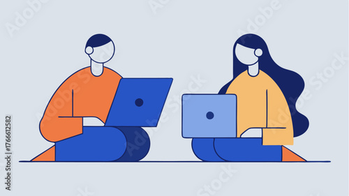 Two figures sitting side by side analyzing a document together with a single laptop open between them.