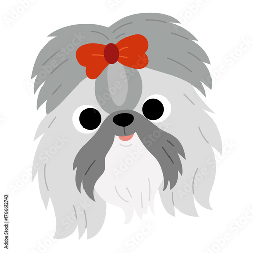 Cute vector flat illustration of Shih Tzu dog head. Isolated pet image on white background. Funny wrinkled face with big eyes and fluffy hair.