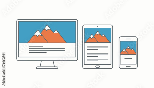 Website content dynamically adjusting and scaling to fit different screen sizes on a desktop monitor, tablet, and smartphone, illustrating digital media accessibility