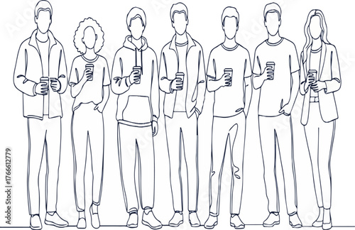 Simple vector line art of diverse young people standing and holding coffee cups.