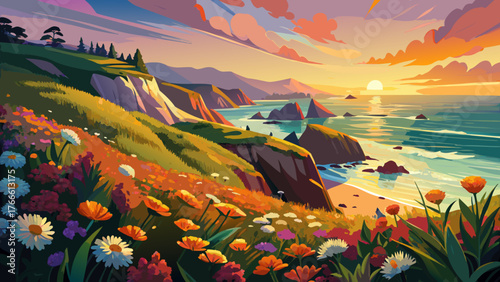 Very beautiful, wild flowers and California coastline in Big Sur at sunset, vibrant blooms, rugged cliffs, crashing waves, golden sky, serene ocean view, and breathtaking coastal landscape under warm 