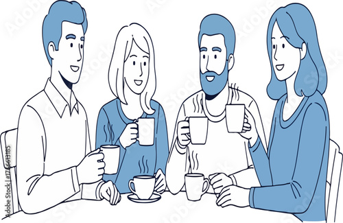 Group of friends or coworkers drinking coffee and talking together line art vector illustration.