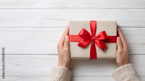 A pair of hands holds a beautifully wrapped gift box adorned with a red ribbon, symbolizing celebration and generosity.