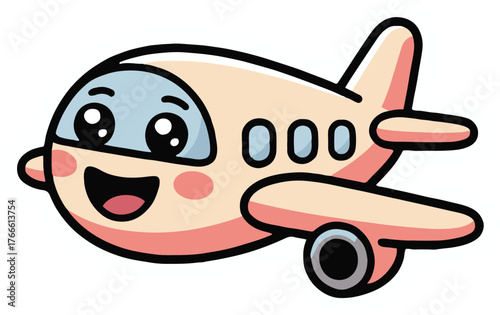 Cartoon airplane with a happy face and pink cheeks on a dark blue background with white outline
