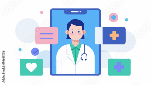 A telemedicine app showcasing an interactive symptom checker with a friendly digital doctor icon guiding users through questions and solutions.
