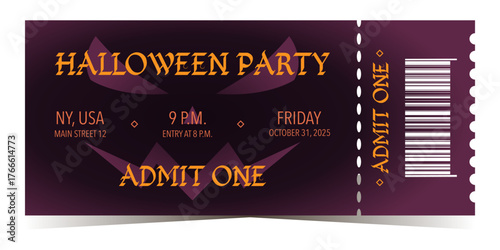 Halloween party ticket template with smiling scary face and event details